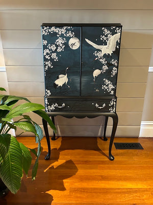 Upcycled Vintage Chinoiserie Crane Drinks Cabinet