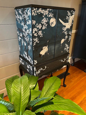 Upcycled Vintage Chinoiserie Crane Drinks Cabinet