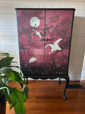 Upcycled Vintage Chinoiserie Crane Cabinet in Dusty Rose & Black