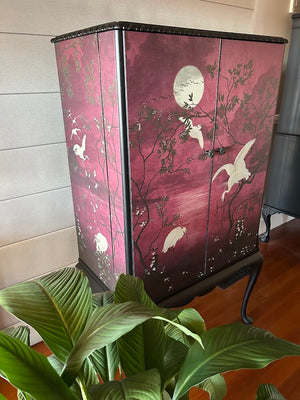 Upcycled Vintage Chinoiserie Crane Cabinet in Dusty Rose & Black