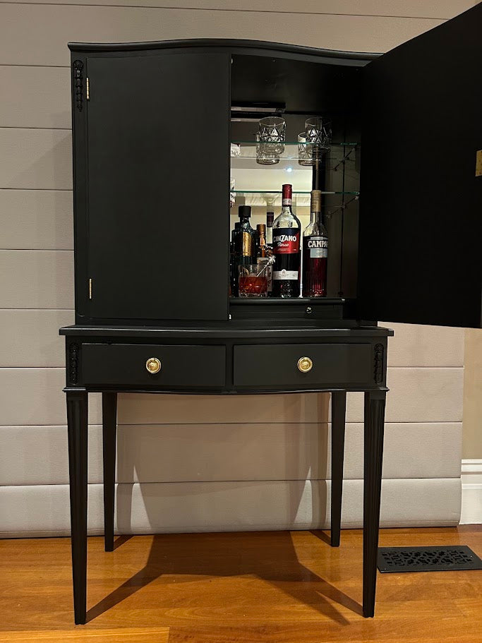 Upcycled Vintage Black Drinks Cabinet with Mirrored Interior