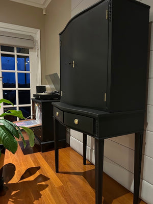 Upcycled Vintage Black Drinks Cabinet with Mirrored Interior