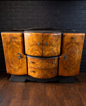 Vintage Art Deco burr walnut drinks cabinet with ebonised trim and original brass hardware